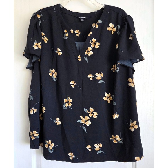 Hilary Radley Tops - Hilary Radley Navy Blue Yellow Vneck‎ Floral Flutter Sleeve Blouse Top Sz XXL